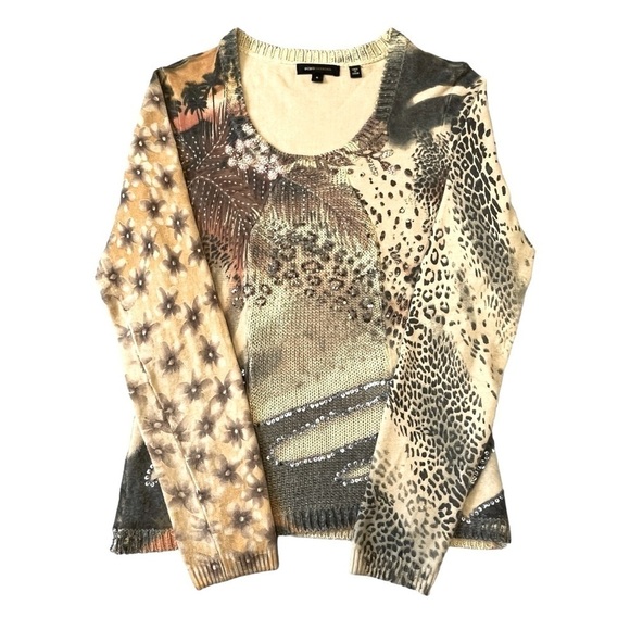 BCBGMazAzria Sequin Floral Animal Print Scoop Sweater. Tan Orange Size S #1284 - Picture 8 of 10